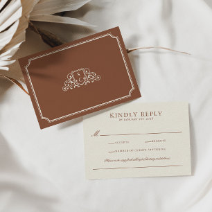 Elegantes Classic Brown & Ecru Wedding Monogramm RSVP Karte