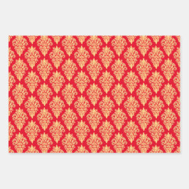 Elegantes Classic Damask Muster Red Green Gold Geschenkpapier Set