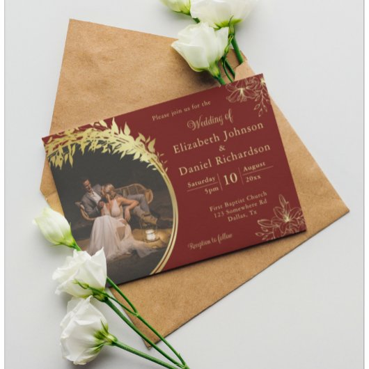 Elegantes Classic Gold, Burgund Foto Hochzeit Einladung