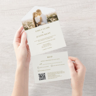 Elegantes Classic Gold Monogram Foto QRCode Weddin All In One Einladung