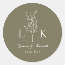 Elegantes Classic Leaf Monogram Wedding Olive Gree Runder Aufkleber