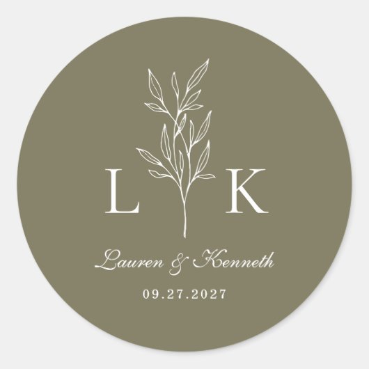 Elegantes Classic Leaf Monogram Wedding Olive Gree Runder Aufkleber (Vorderseite)