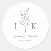Elegantes Classic Leaf Monogram Wedding Olive Gree Runder Aufkleber (Vorderseite)