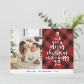 Elegantes Classic Red Tartan Foto Weihnachten (Stehend Vorderseite)