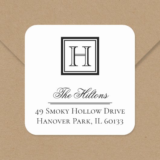 Elegantes Classic Square Monogram Address Label Quadratischer Aufkleber