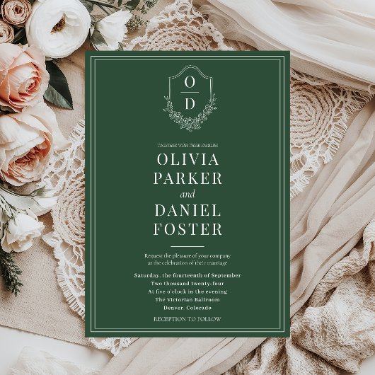 Elegantes Classic Wappen Emerald Green Wedding Einladung