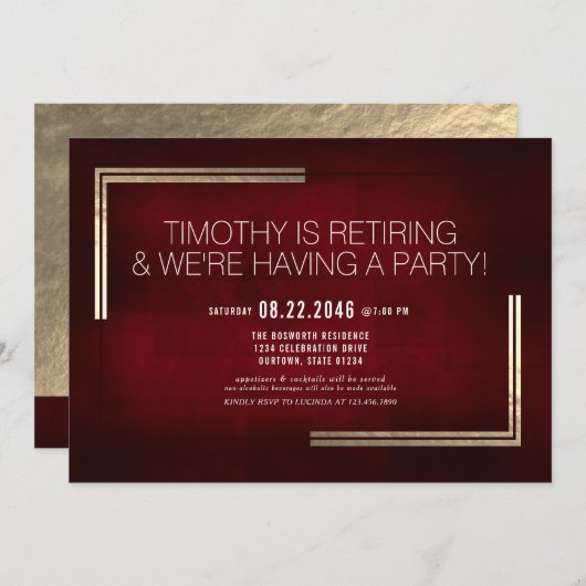 Elegantes Classy Red/Gold Retirement Party Einladung (Vorne/Hinten)