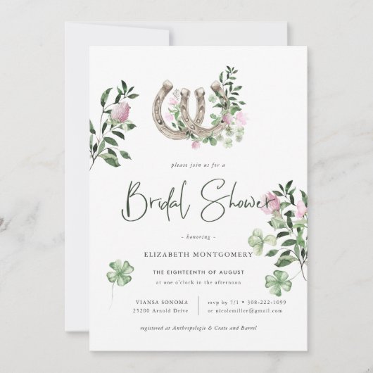 Elegantes Clover Horseshoes Botanisches Brautparty Einladung (Vorderseite)