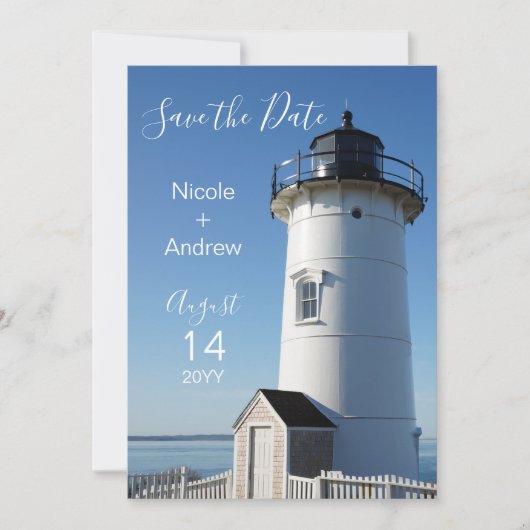 Elegantes Coastal Blue Lighthouse Save The Date (Vorderseite)