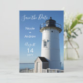 Elegantes Coastal Blue Lighthouse Save The Date (Stehend Vorderseite)