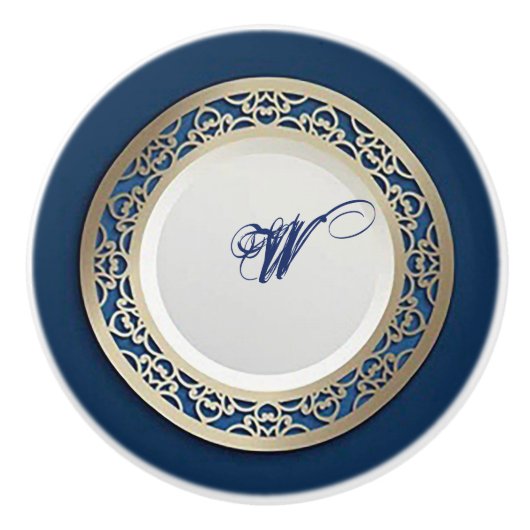 Elegantes Cobalt Blue mit Verziertem Gold Border Keramikknauf (Vorderseite)