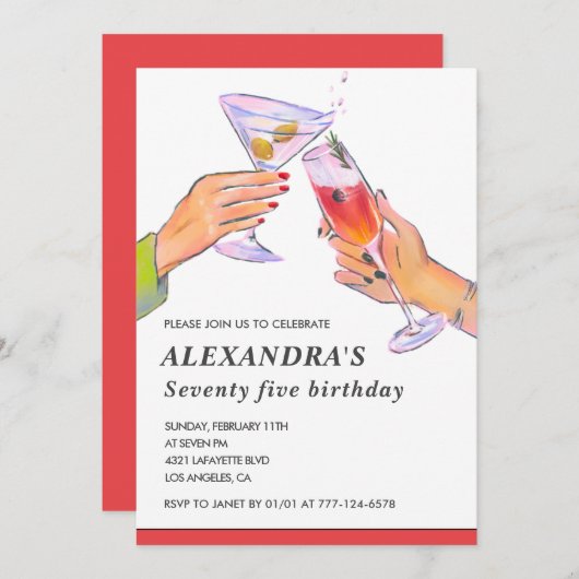 Elegantes Cocktail Party zum 75. Geburtstag Einladung (Vorne/Hinten)