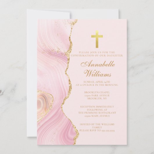 Elegantes Confirmation Cross Pink Gold Agate Party Einladung (Vorderseite)