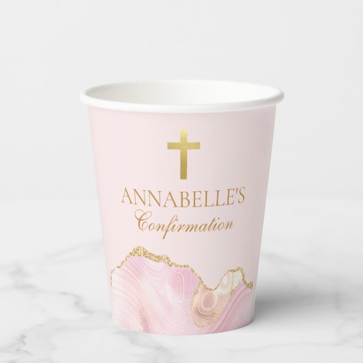 Elegantes Confirmation Cross Pink Gold Agate Party Pappbecher (Rückseite)