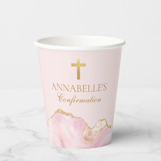 Elegantes Confirmation Cross Pink Gold Agate Party Pappbecher (Vorderseite)