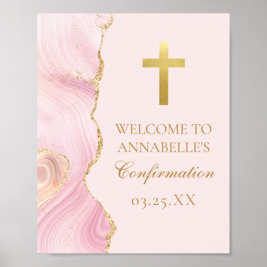 Elegantes Confirmation Cross Pink Gold Agate Party Poster (Vorne)