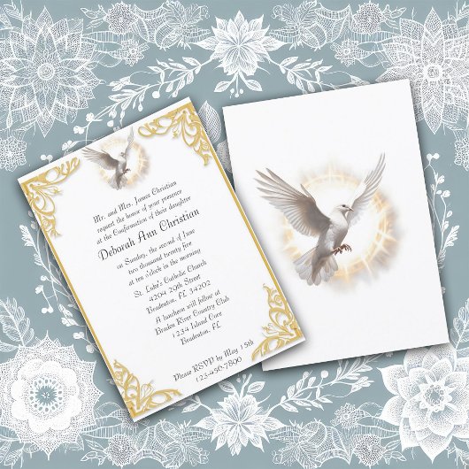 Elegantes Confirmation Gold Frame Dove Design Einladung
