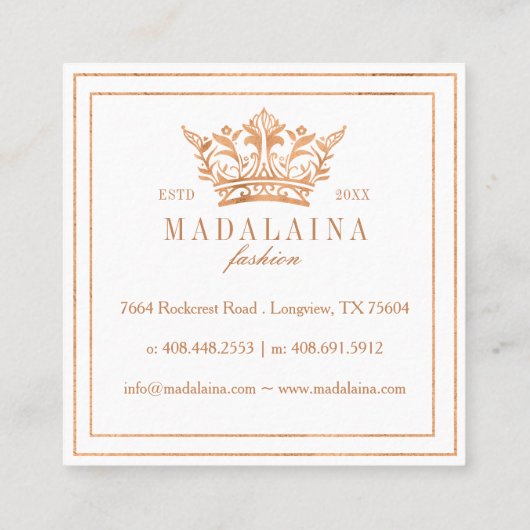 Elegantes Copper Royal Floral & Foliage Crown Logo Quadratische Visitenkarte (Rückseite)