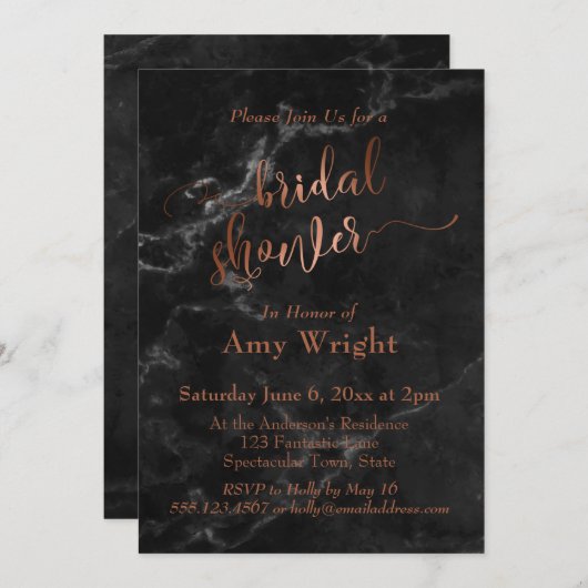 Elegantes Copper Script-Brautparty Schwarzes Marmo Einladung (Vorne/Hinten)