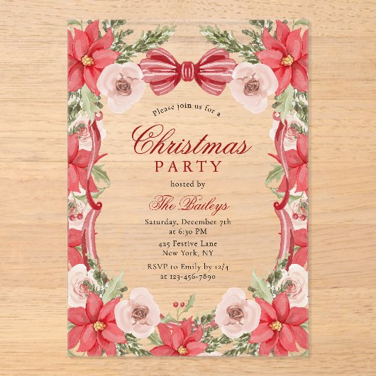 Elegantes Coquette Floral Weihnachten Party Acryleinladungen (Vorderseite)