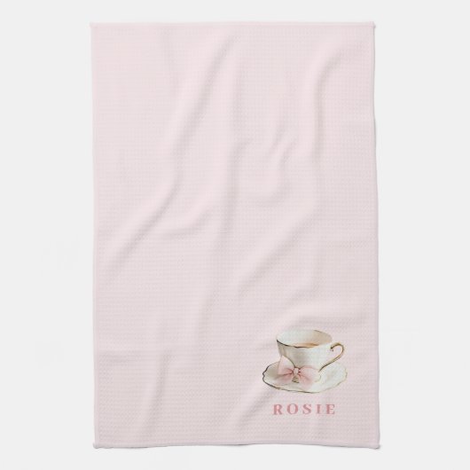 Elegantes Coquette Preppy Pink Teacup mit Bow Geschirrtuch (Vertikal)