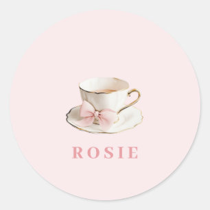 Elegantes Coquette Preppy Pink Teacup mit Bow Runder Aufkleber