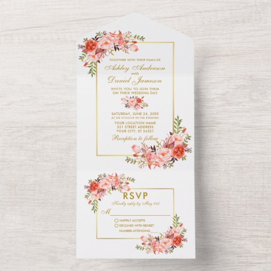 Elegantes Coral Floral Gold All In One Einladung (Innen Boden)