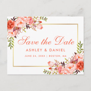 Elegantes Coral Floral Gold Save the Date Ankündigungspostkarte