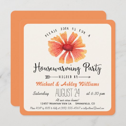 Elegantes Coral Orange Blumenbeet Party Einladung (Vorne/Hinten)