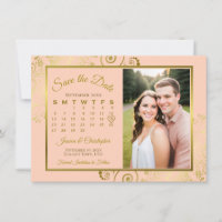 Elegantes Coral Peach & Gold Calendar Foto Hochzei