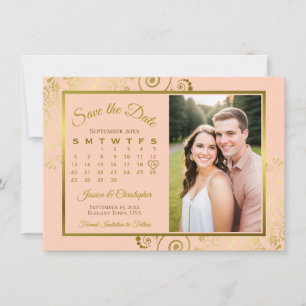Elegantes Coral Peach & Gold Calendar Foto Hochzei Save The Date