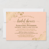 Elegantes Coral Peach Gold Lace Frills Brautparty Einladung (Vorderseite)