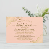 Elegantes Coral Peach Gold Lace Frills Brautparty Einladung (Stehend Vorderseite)