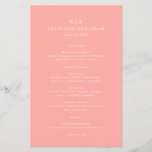 Elegantes Coral Pink Modern Wedding Menu (Vorderseite)