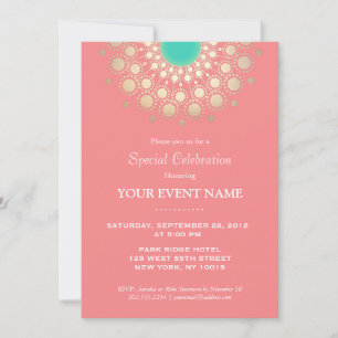 Elegantes Coral Pink und Gold Circle Motif Party Einladung