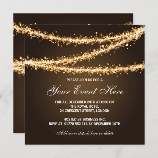Elegantes Corporate Party Gold String Lights Einladung (Vorne/Hinten)