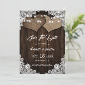 Elegantes Country Burlap Floral Lace Wood Wedding Save The Date (Stehend Vorderseite)
