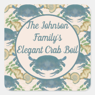 Elegantes Crab Feast Watercolor Blue Crabs, Seashe Quadratischer Aufkleber