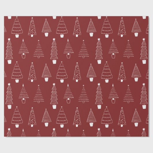 Elegantes Cranberry Red Christmas Pine Tree Muster Geschenkpapier (Flach)