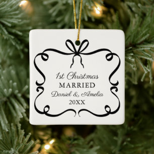 Elegantes Cream Bow Custom Foto Weihnachten bewahr Keramikornament