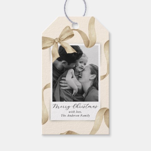 Elegantes Cream Gold Bow Foto Geschenkanhänger (Vorderseite)