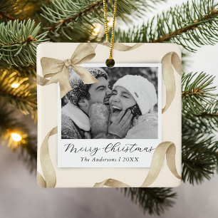 Elegantes Cream Gold Bow Foto Keramikornament
