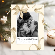 Elegantes Cream Gold Bow Foto Weihnachten