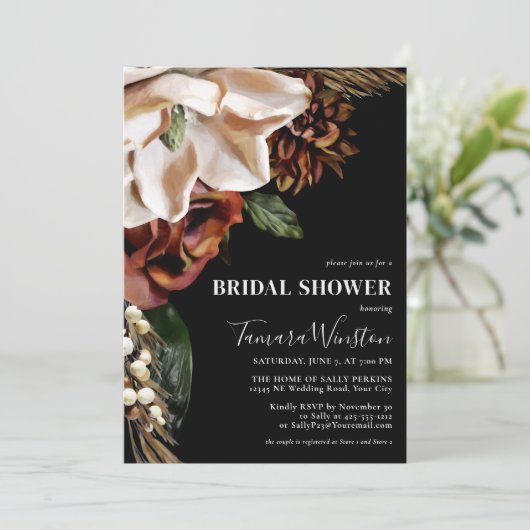 Elegantes Cream Magnolia Rust Black Brautparty Einladung (Stehend Vorderseite)