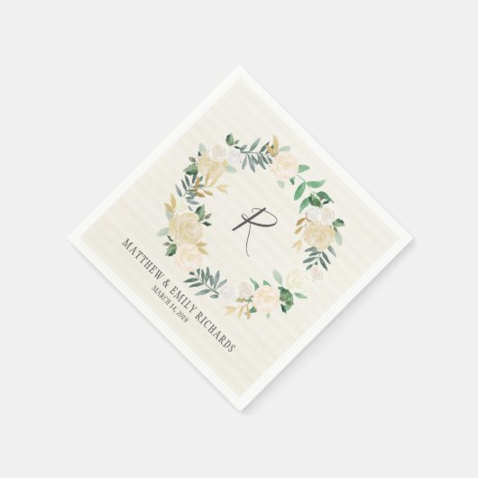 Elegantes Cream-Rose-Blumenreath-Monogramm Serviette (Ecke)