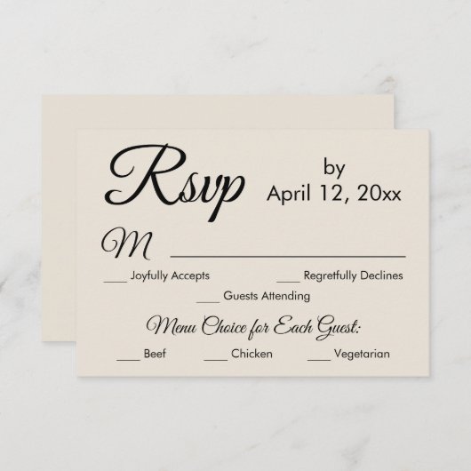 Elegantes Cream Script-Menü Auswahl Hochzeitsrabat RSVP Karte (Vorne/Hinten)