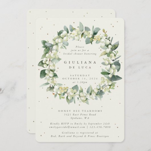 Elegantes Cream Snowberry+Eukalyptus-Brautparty Einladung (Vorne/Hinten)