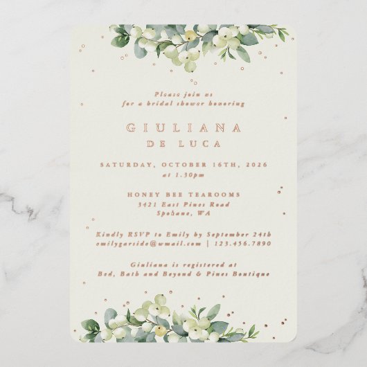 Elegantes Cream Snowberry+Eukalyptus-Brautparty Folieneinladung (Vorderseite)