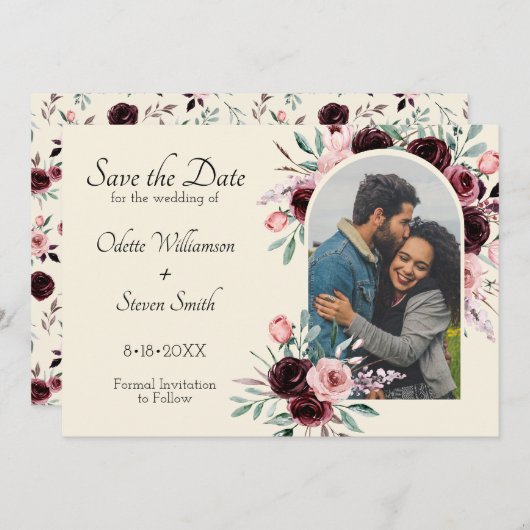 Elegantes Cream- und Burgunder-Foto Hochzeit Save The Date (Vorne/Hinten)