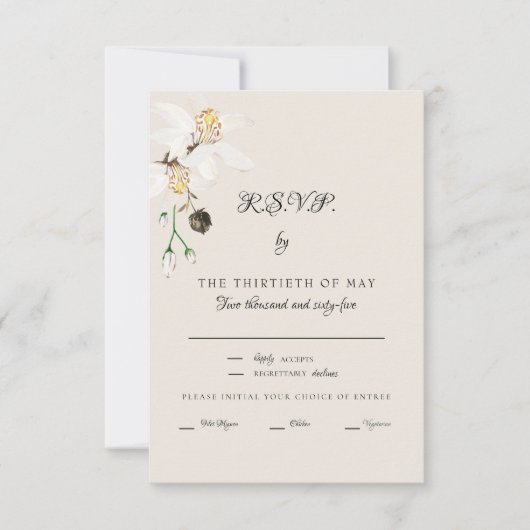 Elegantes Cream White Floral Dinner Script UAWG RSVP Karte (Vorderseite)
